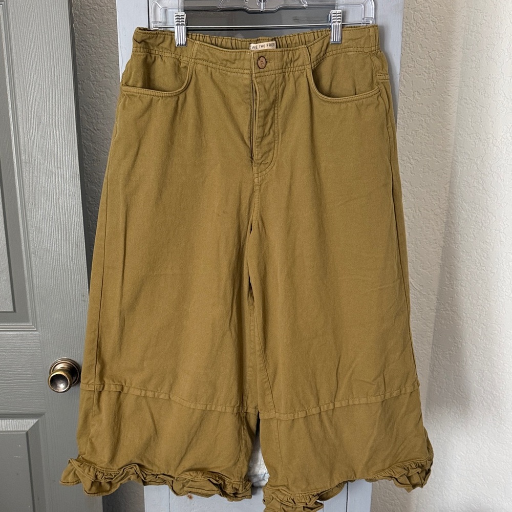 Free People Olive Green Ruffle-Hem bloomer jeans